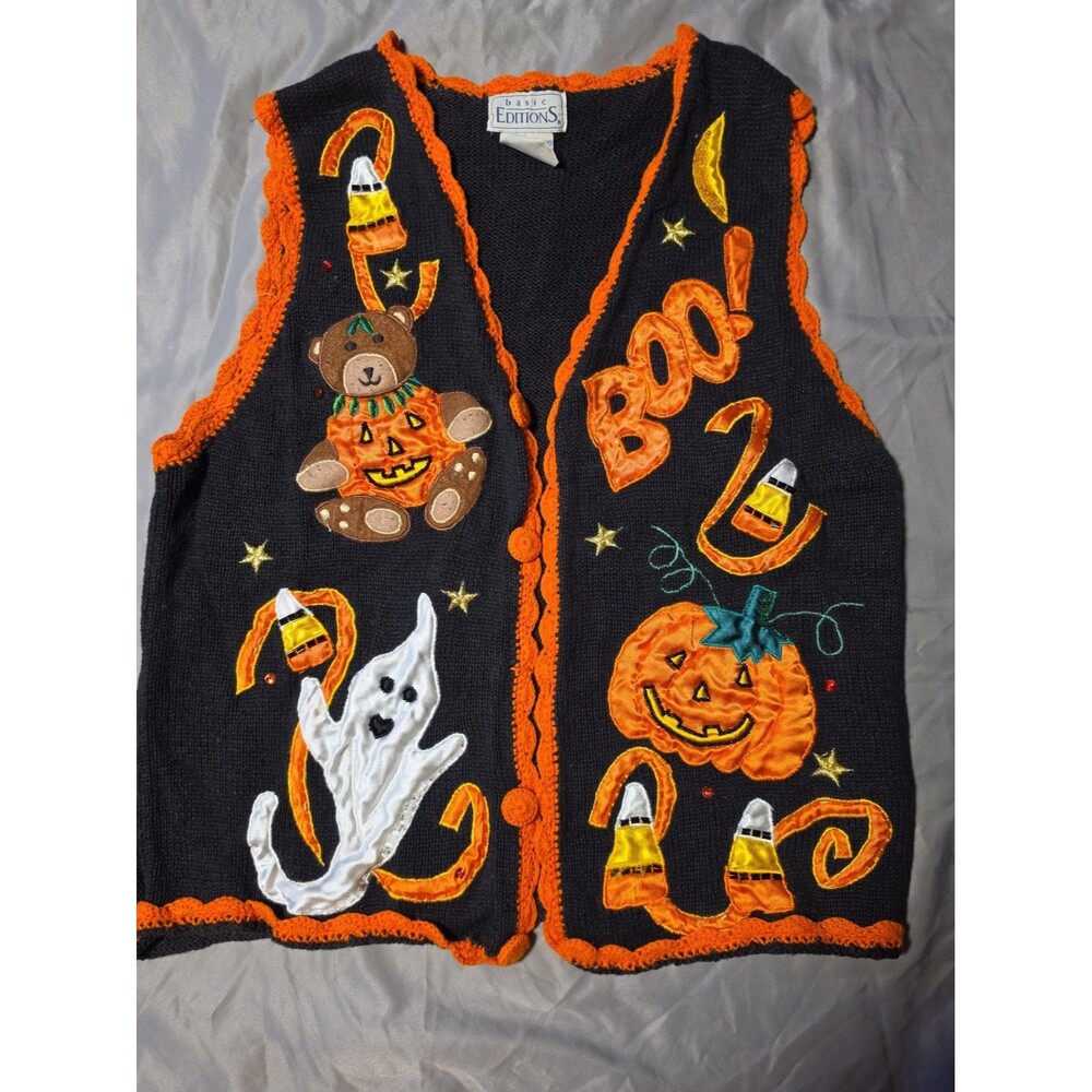 Vtg  Halloween 1990S Black Sweater Vest Ghost Pumpkins Bear Candy Embroidered M